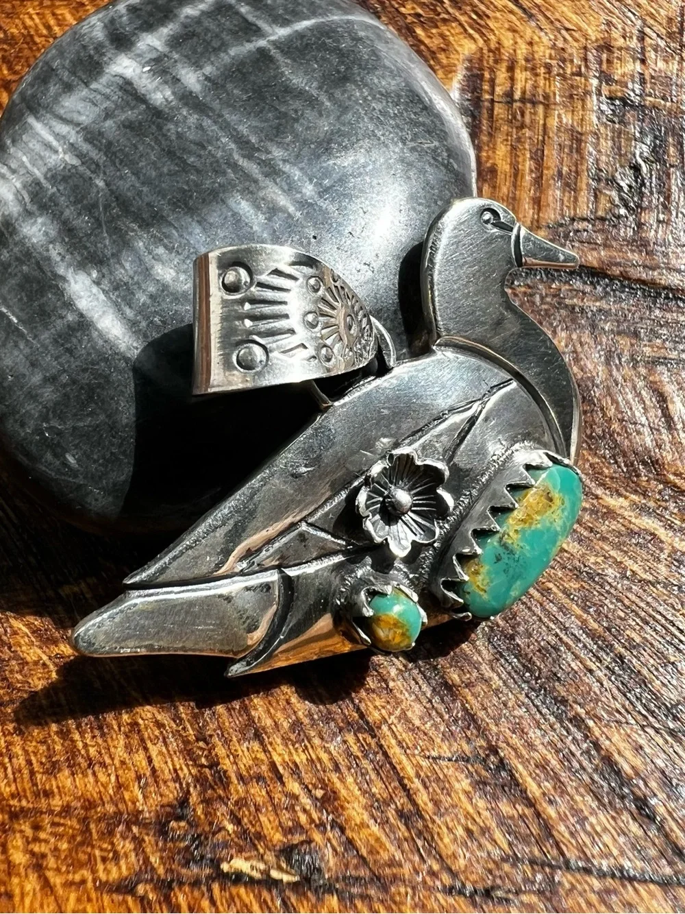 Sterling Silver Kingman Turquoise Duck Pendant - Picture 4 of 10